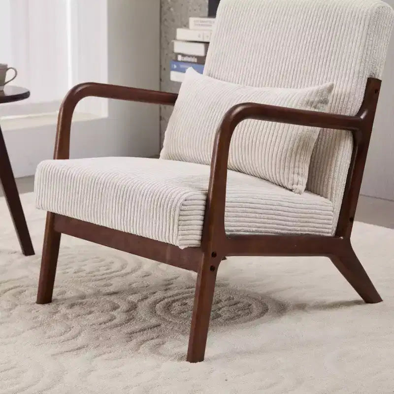 Fauteuil d'appoint Mid-Century Modern - Beige, cadre en bois d'hévéa