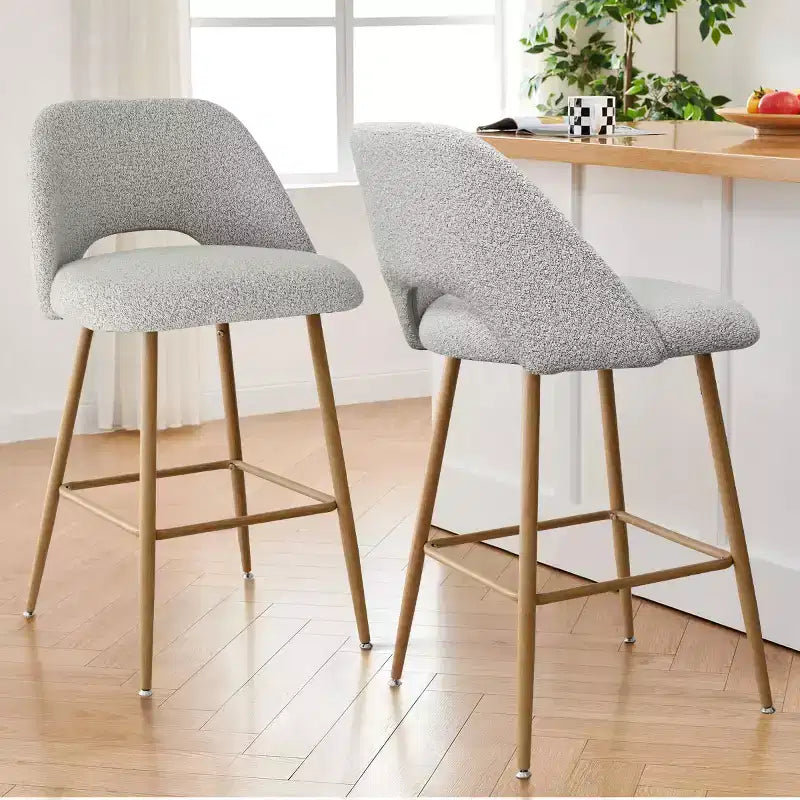 Boucle Counter Height Bar Stools with Backs, 27" Mid-Century Modern Breakfast Bar Chairs with Faux Wood Metal Legs
