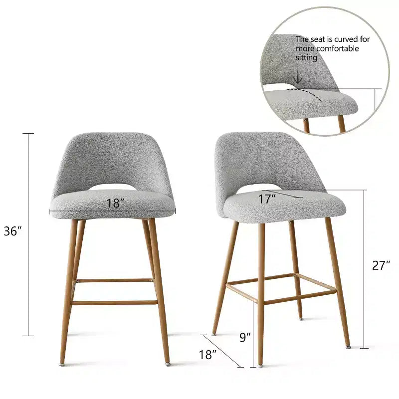 Boucle Counter Height Bar Stools with Backs, 27" Mid-Century Modern Breakfast Bar Chairs with Faux Wood Metal Legs