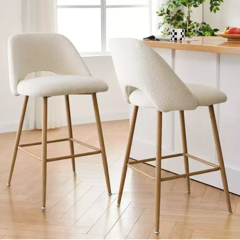 Boucle Counter Height Bar Stools with Backs, 27" Mid-Century Modern Breakfast Bar Chairs with Faux Wood Metal Legs