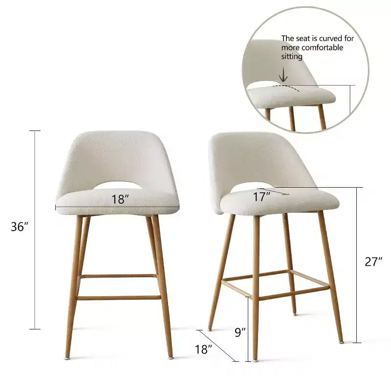 Boucle Counter Height Bar Stools with Backs, 27" Mid-Century Modern Breakfast Bar Chairs with Faux Wood Metal Legs