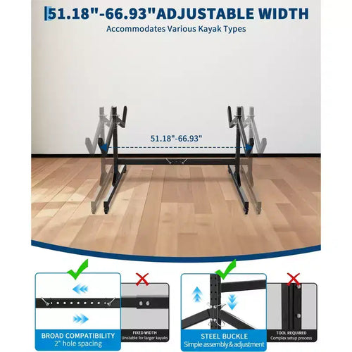 2 Kayak Storage Rack with Wheels, Freestanding Steel Kayak Rack with Adjustable Width & Hanging Straps