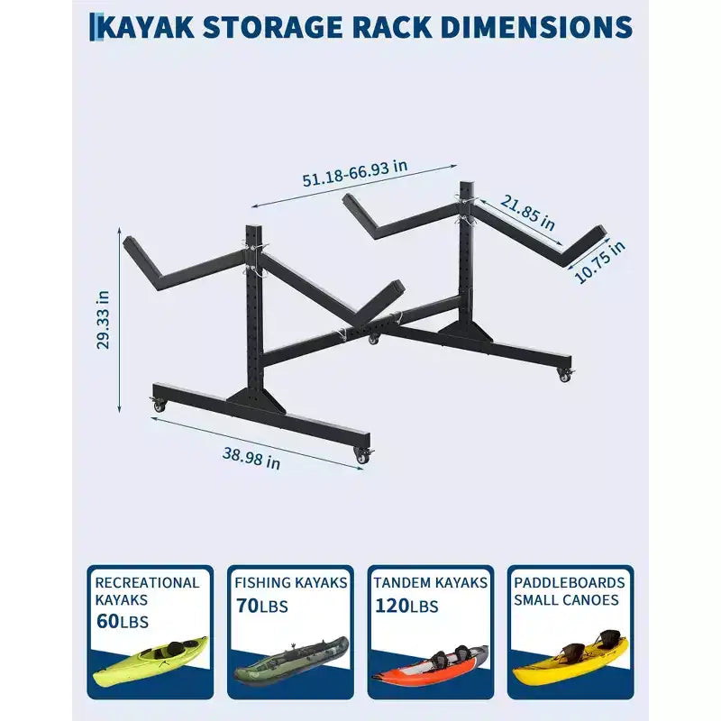 2 Kayak Storage Rack with Wheels, Freestanding Steel Kayak Rack with Adjustable Width & Hanging Straps