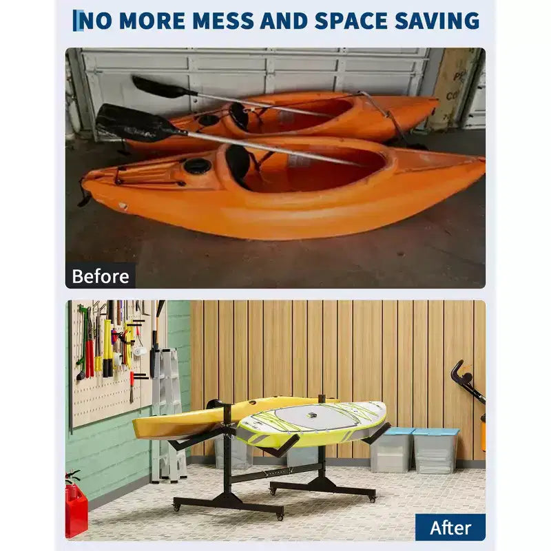 2 Kayak Storage Rack with Wheels, Freestanding Steel Kayak Rack with Adjustable Width & Hanging Straps