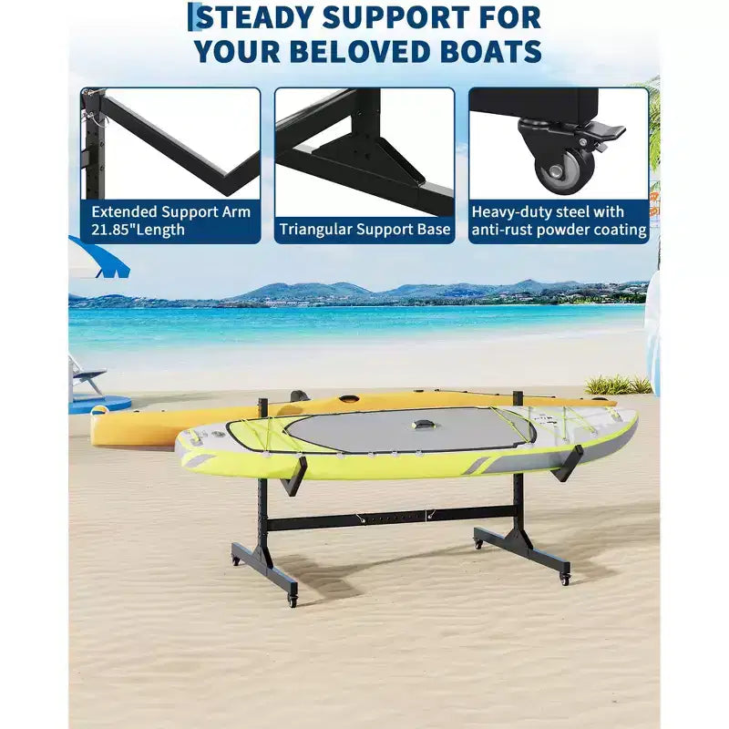 2 Kayak Storage Rack with Wheels, Freestanding Steel Kayak Rack with Adjustable Width & Hanging Straps