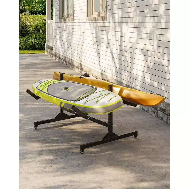 2 Kayak Storage Rack with Wheels, Freestanding Steel Kayak Rack with Adjustable Width & Hanging Straps