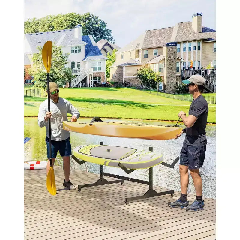2 Kayak Storage Rack with Wheels, Freestanding Steel Kayak Rack with Adjustable Width & Hanging Straps