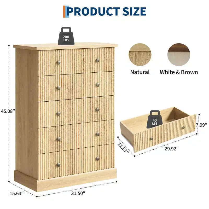 5 Drawer Tall Dresser for Bedroom, Fluted Vertical Chest of Drawers, Wood Storage Dresser with Handles, Space Saving Dresser for Apartment Guest Room