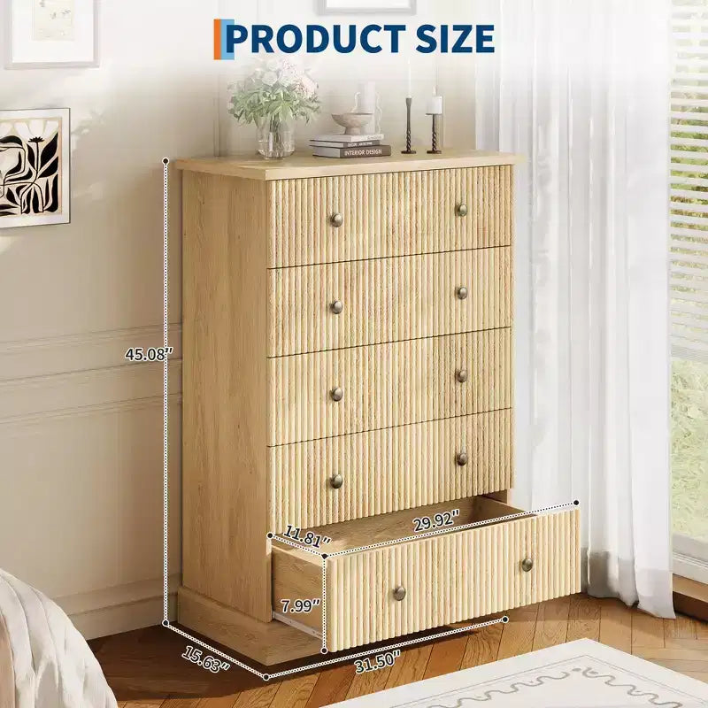 5 Drawer Tall Dresser for Bedroom, Fluted Vertical Chest of Drawers, Wood Storage Dresser with Handles, Space Saving Dresser for Apartment Guest Room