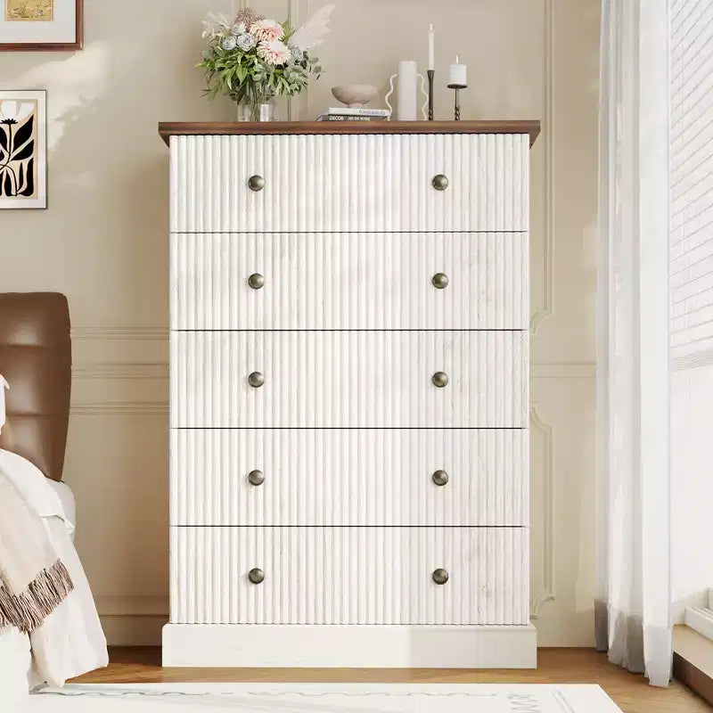 5 Drawer Tall Dresser for Bedroom, Fluted Vertical Chest of Drawers, Wood Storage Dresser with Handles, Space Saving Dresser for Apartment Guest Room