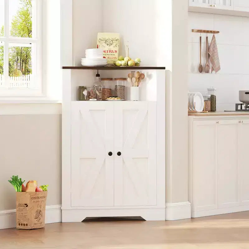 38.2 Tall Farmhouse Corner Cabinet with 2 Barn Doors,Farmhouse Storage Cabinet,3 Storage Shelves Space Saver for Living Room, Kitchen, Laundry Room