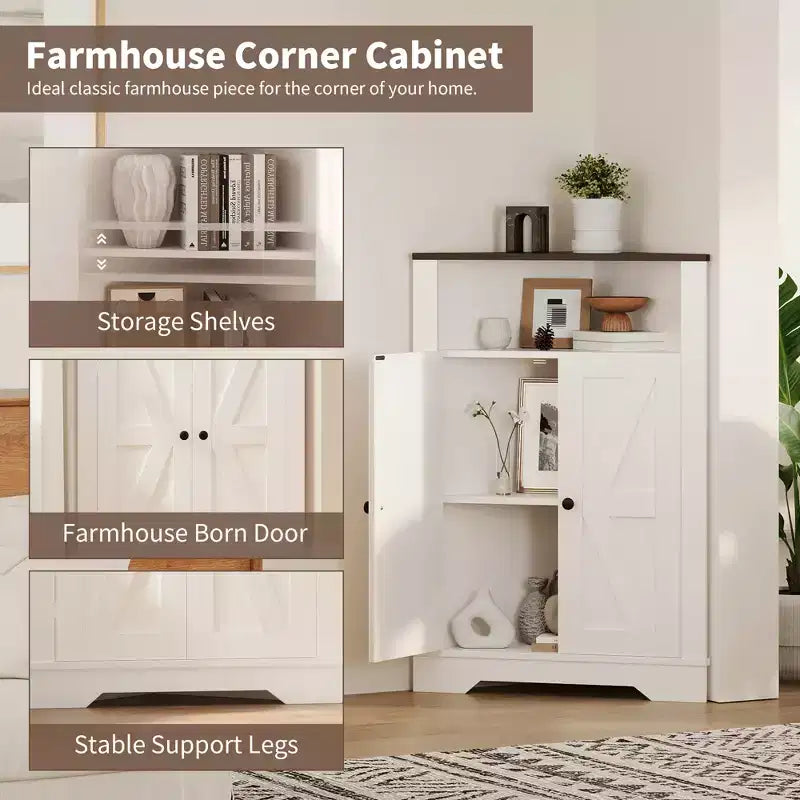 38.2 Tall Farmhouse Corner Cabinet with 2 Barn Doors,Farmhouse Storage Cabinet,3 Storage Shelves Space Saver for Living Room, Kitchen, Laundry Room
