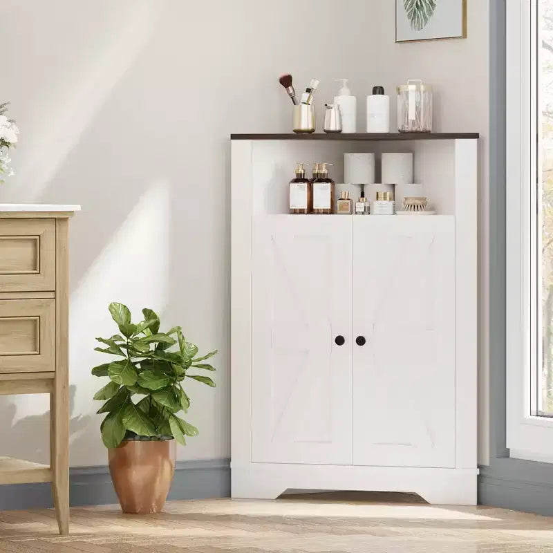 38.2 Tall Farmhouse Corner Cabinet with 2 Barn Doors,Farmhouse Storage Cabinet,3 Storage Shelves Space Saver for Living Room, Kitchen, Laundry Room