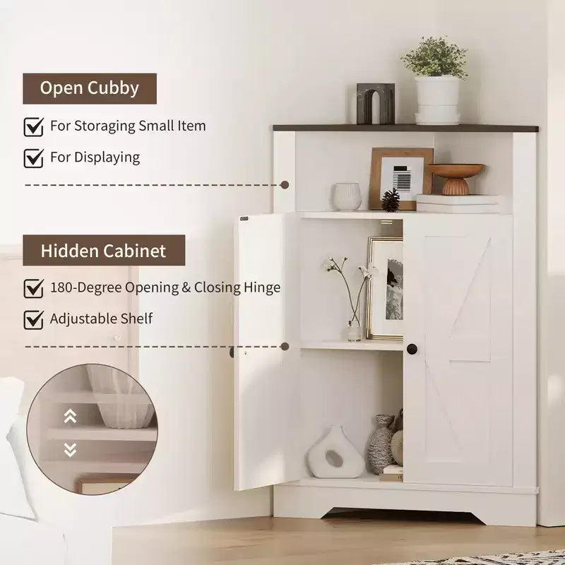 38.2 Tall Farmhouse Corner Cabinet with 2 Barn Doors,Farmhouse Storage Cabinet,3 Storage Shelves Space Saver for Living Room, Kitchen, Laundry Room