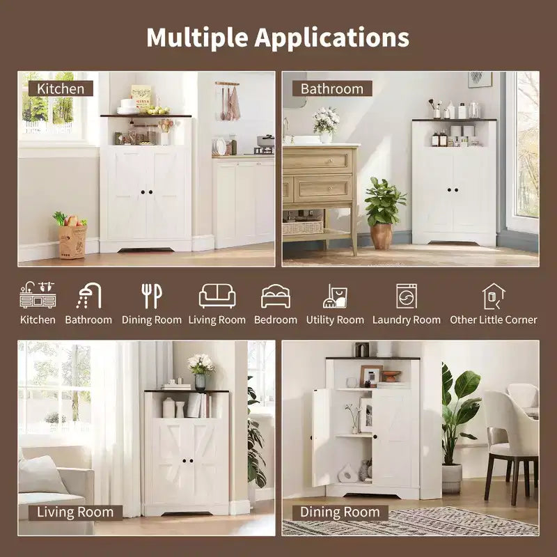 38.2 Tall Farmhouse Corner Cabinet with 2 Barn Doors,Farmhouse Storage Cabinet,3 Storage Shelves Space Saver for Living Room, Kitchen, Laundry Room