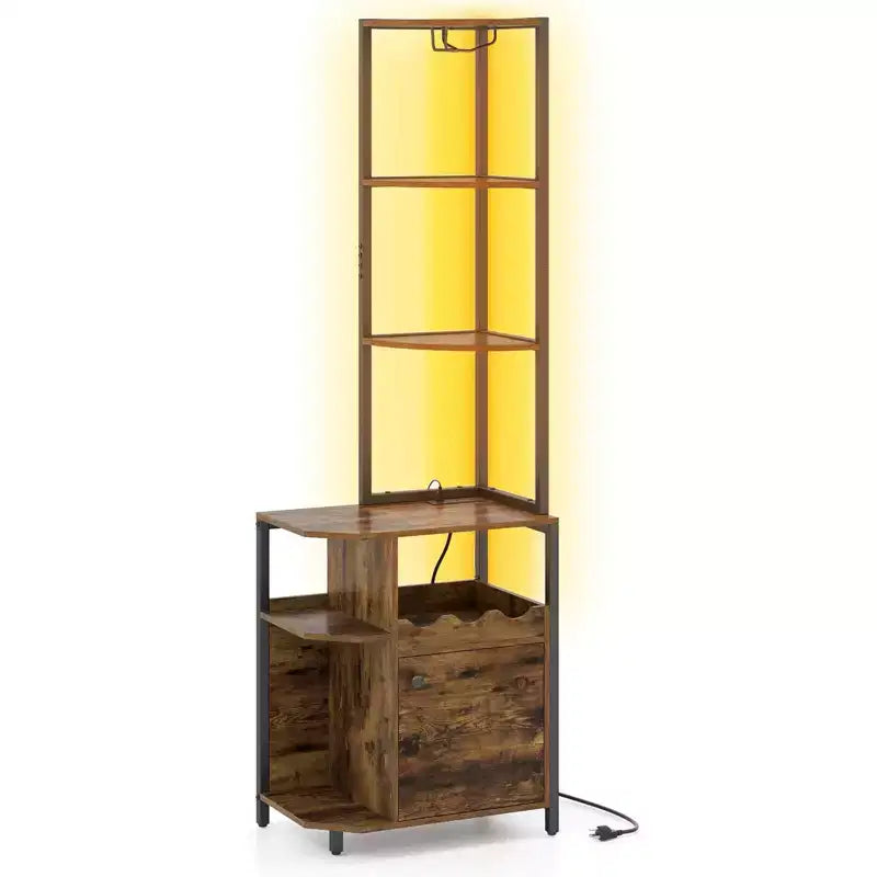 Meuble d'angle de bar avec lumières LED et station de charge, porte-verres, étagères ouvertes