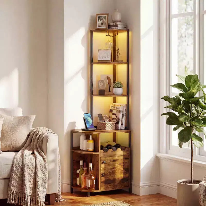 Corner Bar Cabinet with LED Lights & Charging Station, Glass Holder, Open Shelves