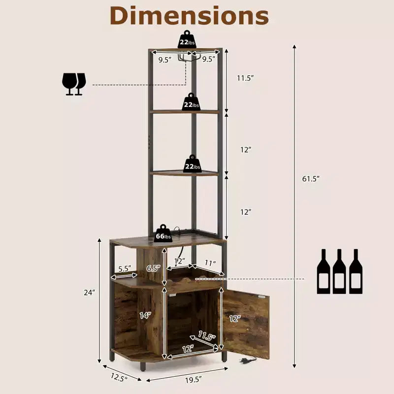 Corner Bar Cabinet with LED Lights & Charging Station, Glass Holder, Open Shelves