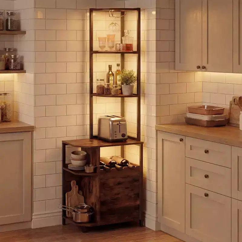 Corner Bar Cabinet with LED Lights & Charging Station, Glass Holder, Open Shelves