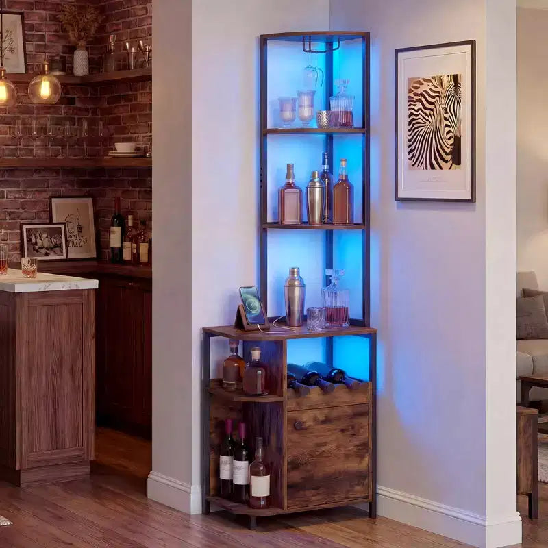 Corner Bar Cabinet with LED Lights & Charging Station, Glass Holder, Open Shelves