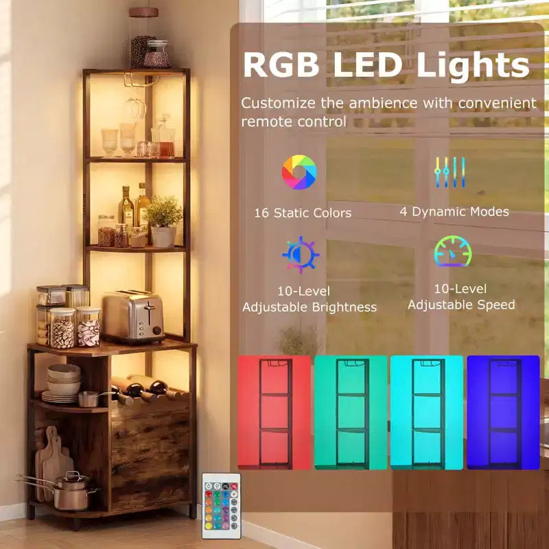 Meuble d'angle de bar avec lumières LED et station de charge, porte-verres, étagères ouvertes