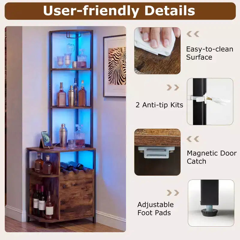Meuble d'angle de bar avec lumières LED et station de charge, porte-verres, étagères ouvertes