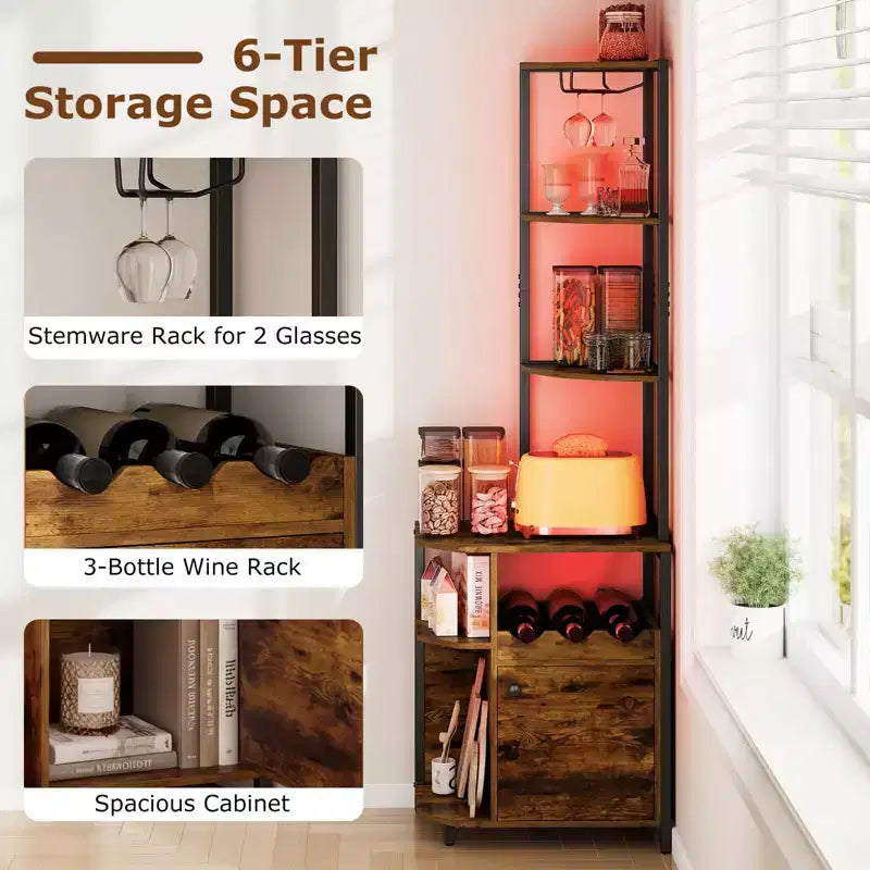 Meuble d'angle de bar avec lumières LED et station de charge, porte-verres, étagères ouvertes