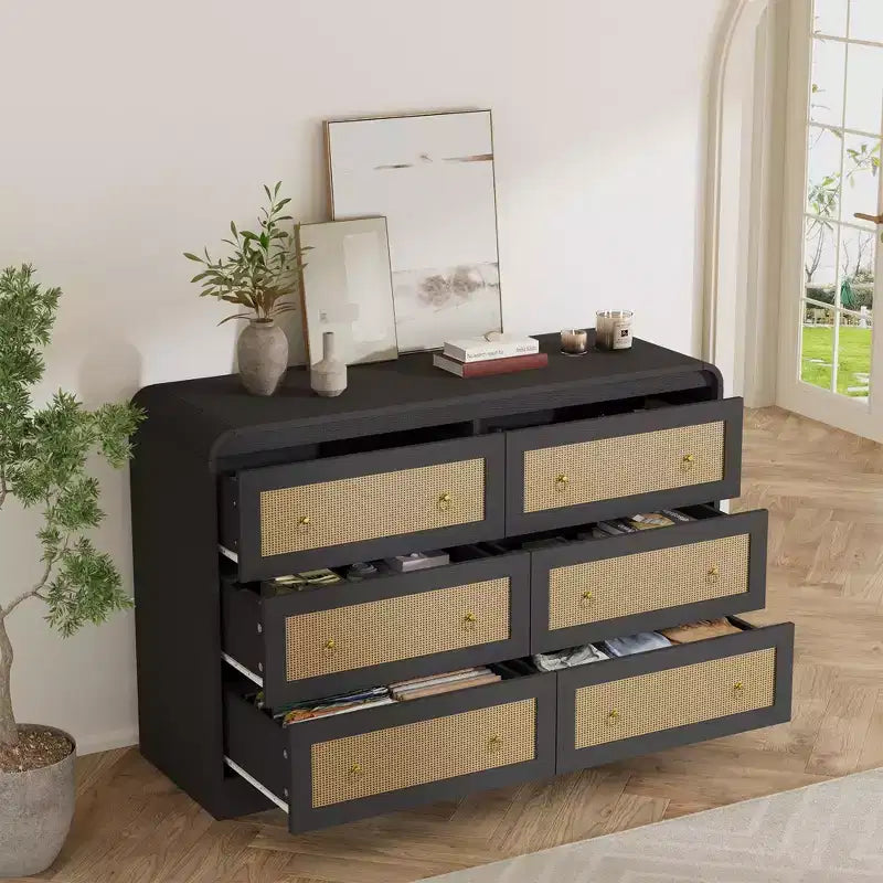 Arched 46 Wide Rattan Dresser - 6 Drawer Bedroom Dresser, Storage Chest for Living Room & Hallway, Mid-Century Inspired Wooden Chest of Drawers
