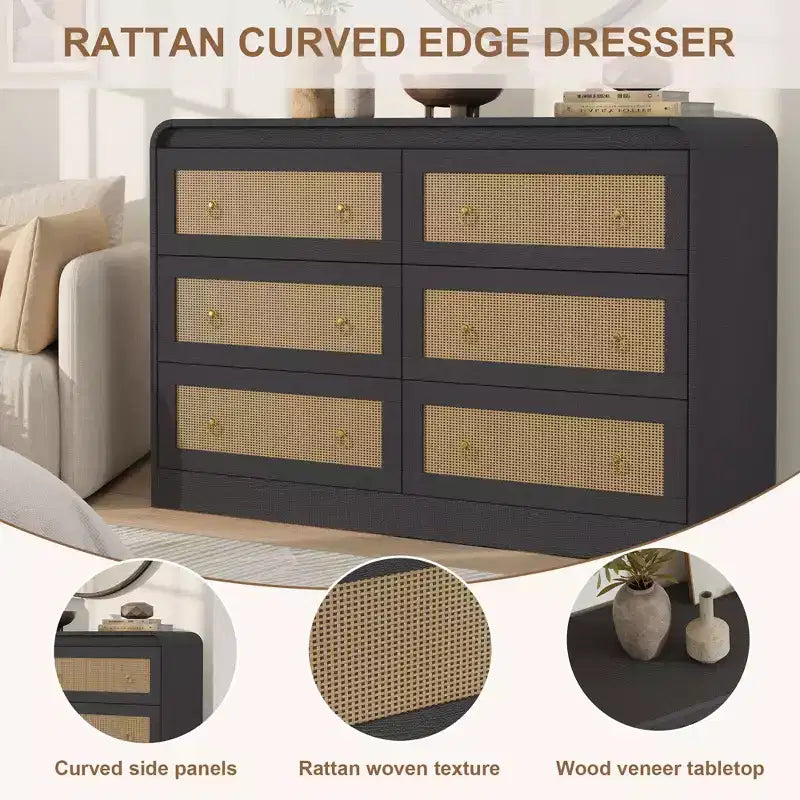 Arched 46 Wide Rattan Dresser - 6 Drawer Bedroom Dresser, Storage Chest for Living Room & Hallway, Mid-Century Inspired Wooden Chest of Drawers