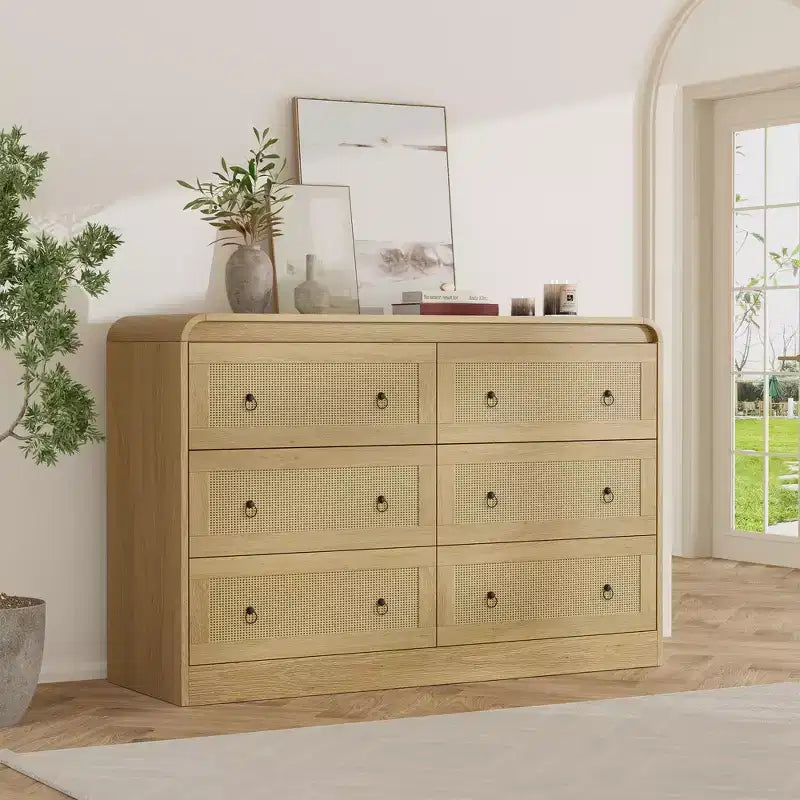 Arched 46 Wide Rattan Dresser - 6 Drawer Bedroom Dresser, Storage Chest for Living Room & Hallway, Mid-Century Inspired Wooden Chest of Drawers