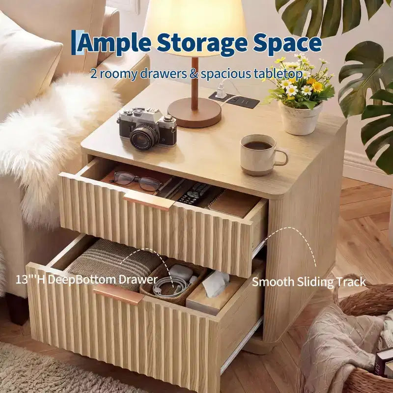 Fluted Nightstand with Charging Station, 23 Mid Century 2-Drawer Bedside Table, Modern Curved End Table for Bedroom and Living Room