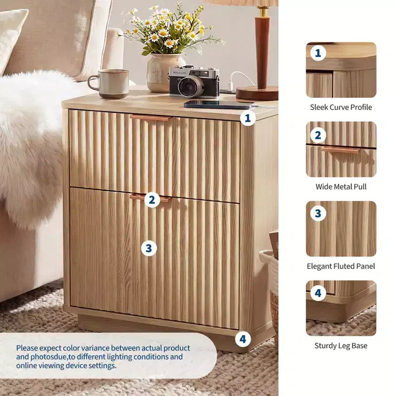 Fluted Nightstand with Charging Station, 23 Mid Century 2-Drawer Bedside Table, Modern Curved End Table for Bedroom and Living Room