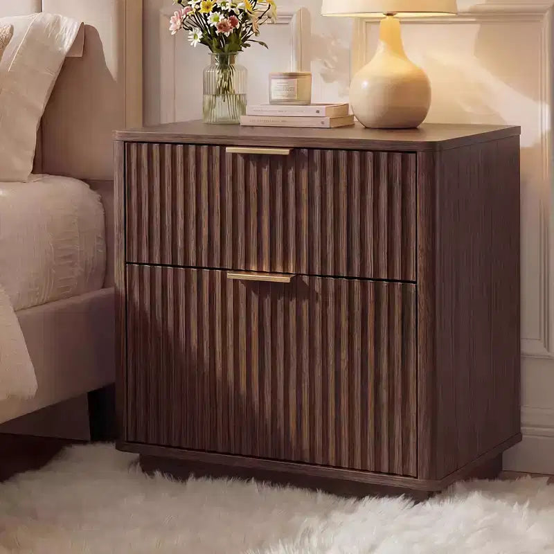 Fluted Nightstand with Charging Station, 23 Mid Century 2-Drawer Bedside Table, Modern Curved End Table for Bedroom and Living Room