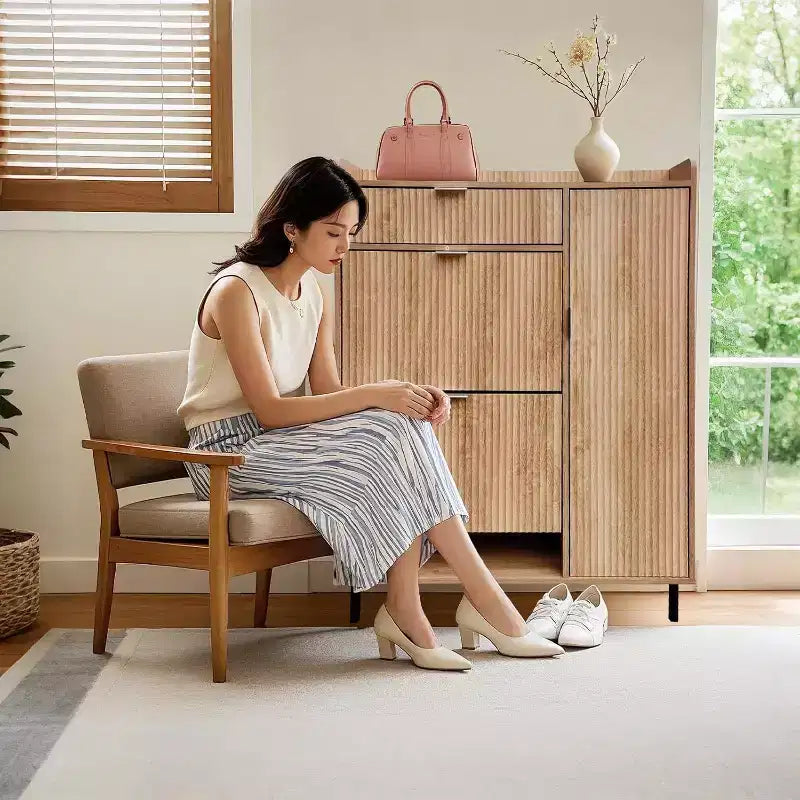 Wave Pattern Shoe Cabinet with Double Trays & Drawer Narrow Oak Shoe Storage with Metal Legs for Entryway