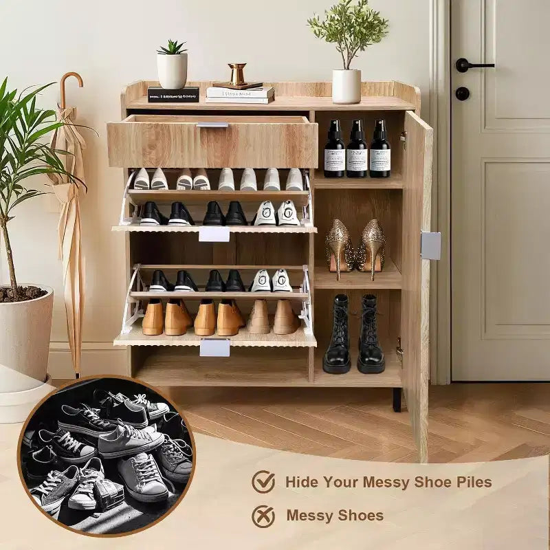 Wave Pattern Shoe Cabinet with Double Trays & Drawer Narrow Oak Shoe Storage with Metal Legs for Entryway