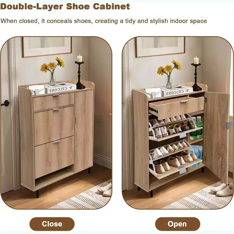 Wave Pattern Shoe Cabinet with Double Trays & Drawer Narrow Oak Shoe Storage with Metal Legs for Entryway