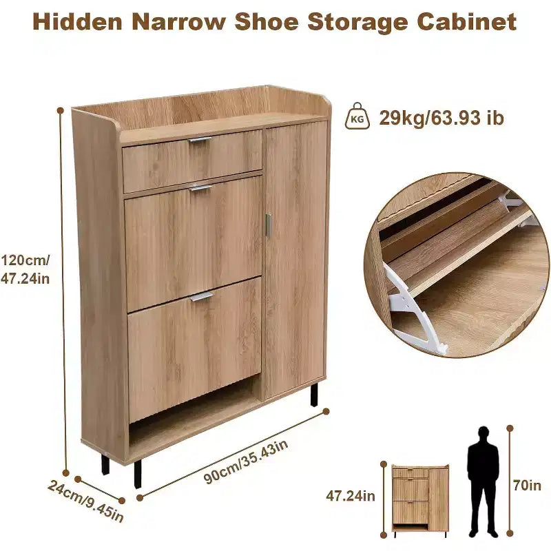 Wave Pattern Shoe Cabinet with Double Trays & Drawer Narrow Oak Shoe Storage with Metal Legs for Entryway