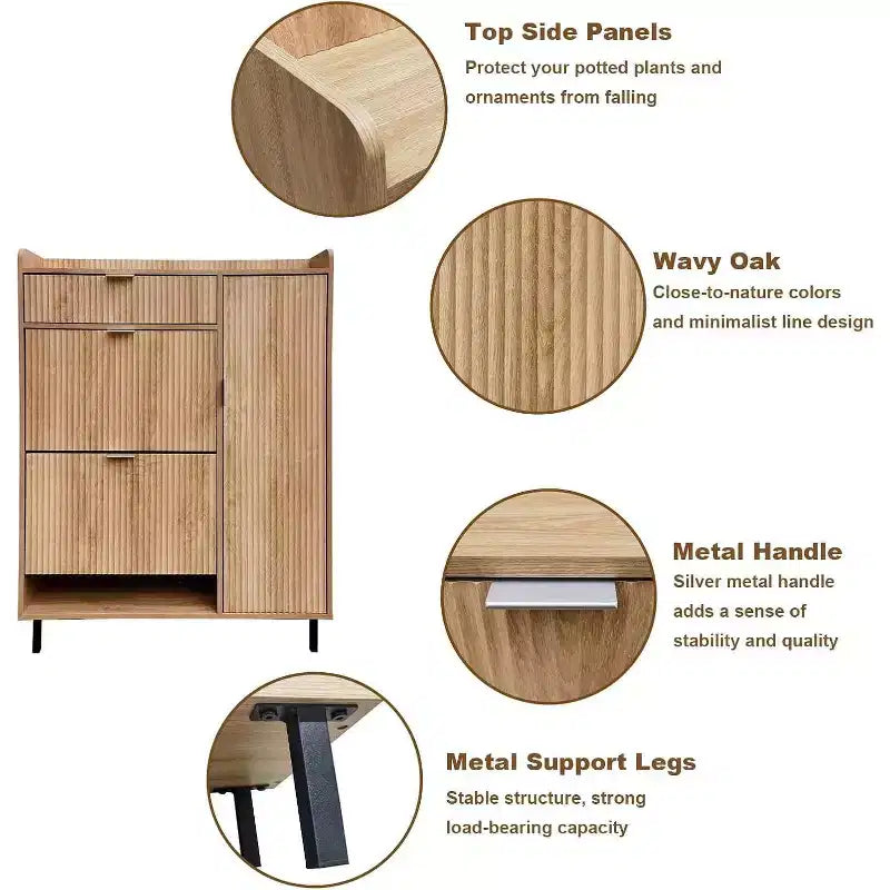 Wave Pattern Shoe Cabinet with Double Trays & Drawer Narrow Oak Shoe Storage with Metal Legs for Entryway