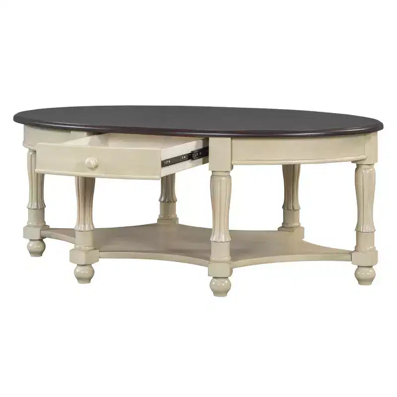 French Vintage Country Oval Coffee Table with Drawer and Lower Storage Shelf for Living Room