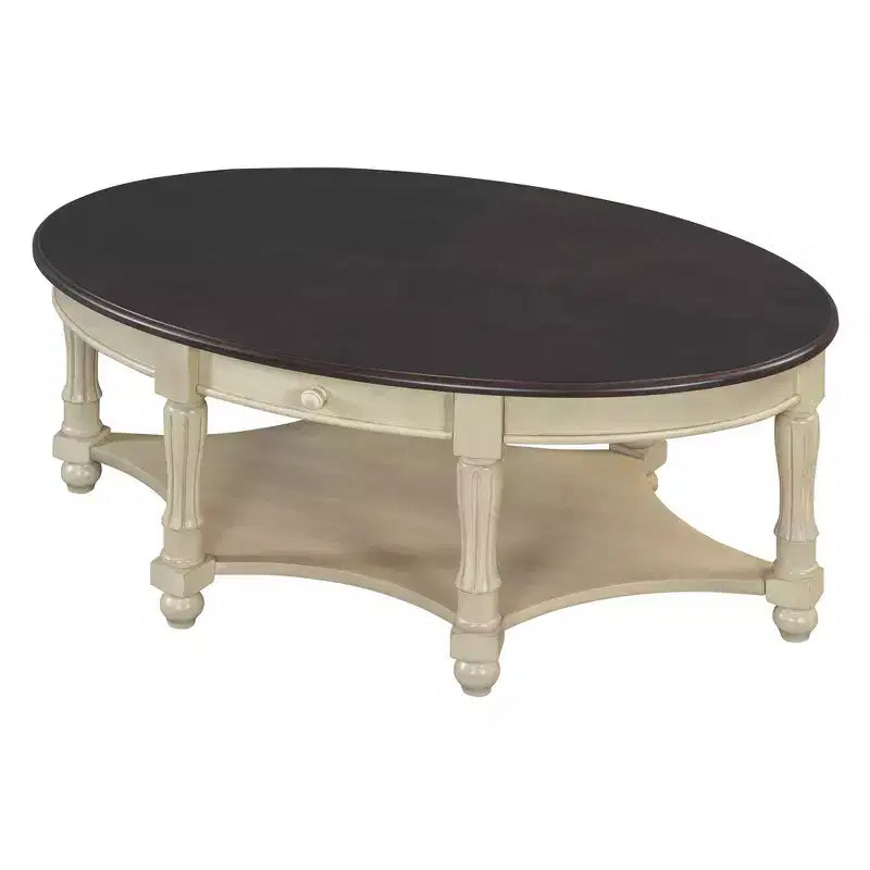 French Vintage Country Oval Coffee Table with Drawer and Lower Storage Shelf for Living Room