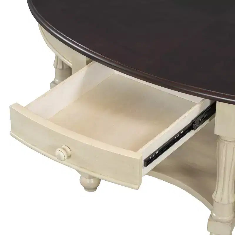French Vintage Country Oval Coffee Table with Drawer and Lower Storage Shelf for Living Room