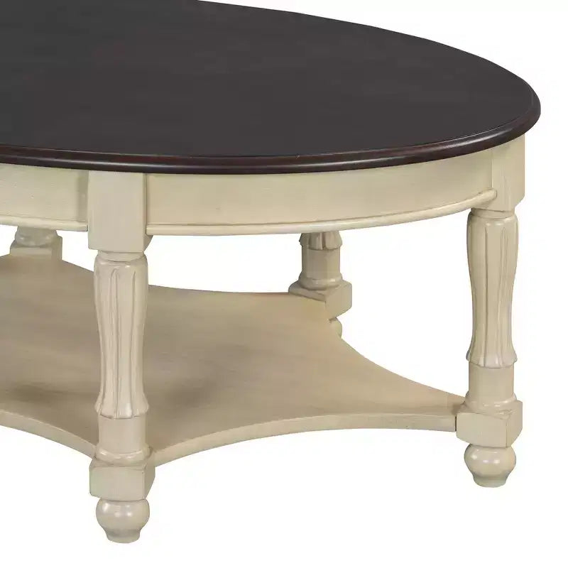 French Vintage Country Oval Coffee Table with Drawer and Lower Storage Shelf for Living Room