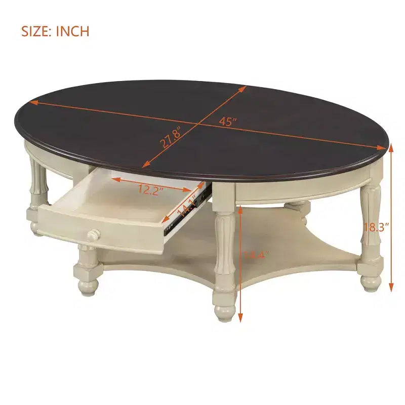 French Vintage Country Oval Coffee Table with Drawer and Lower Storage Shelf for Living Room