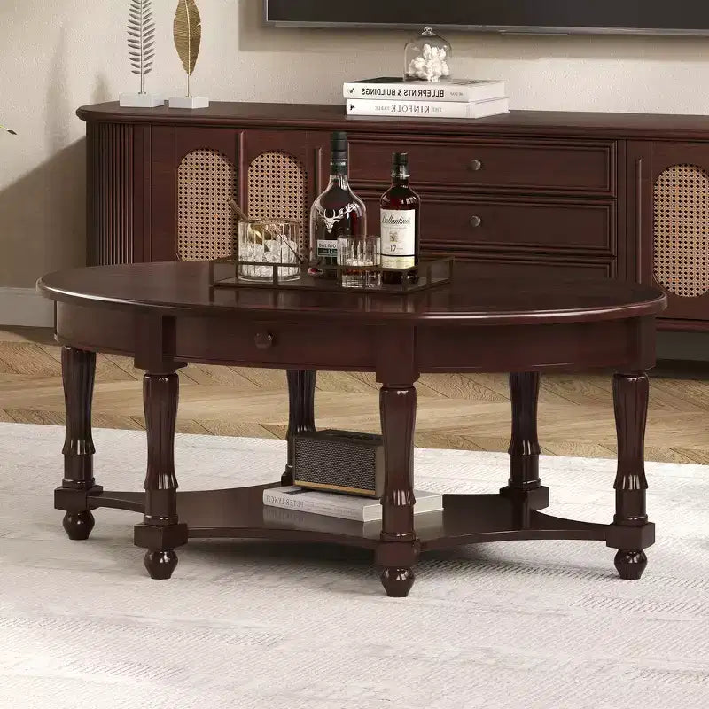 French Vintage Country Oval Coffee Table with Drawer and Lower Storage Shelf for Living Room