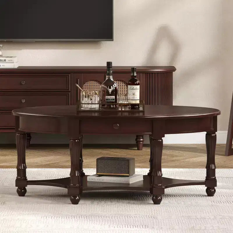 French Vintage Country Oval Coffee Table with Drawer and Lower Storage Shelf for Living Room