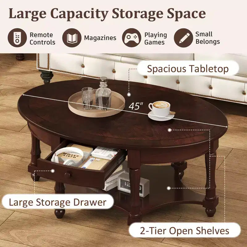 French Vintage Country Oval Coffee Table with Drawer and Lower Storage Shelf for Living Room