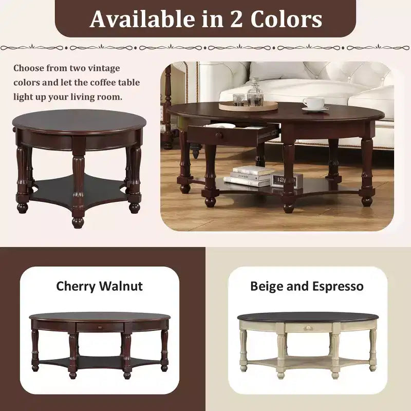 French Vintage Country Oval Coffee Table with Drawer and Lower Storage Shelf for Living Room