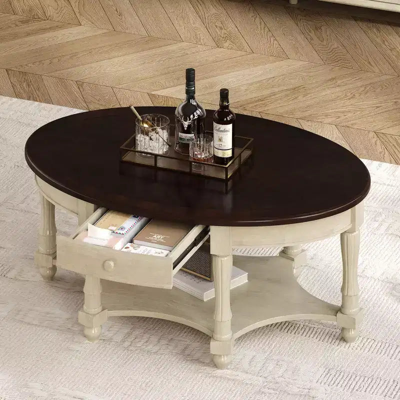 French Vintage Country Oval Coffee Table with Drawer and Lower Storage Shelf for Living Room