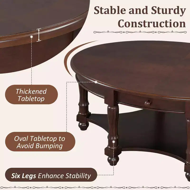 French Vintage Country Oval Coffee Table with Drawer and Lower Storage Shelf for Living Room