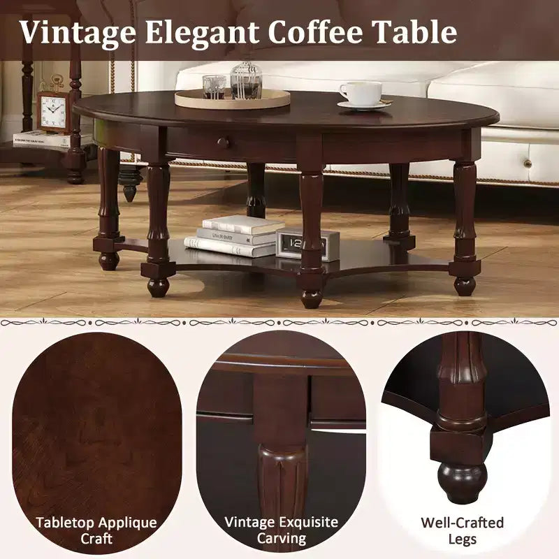 French Vintage Country Oval Coffee Table with Drawer and Lower Storage Shelf for Living Room